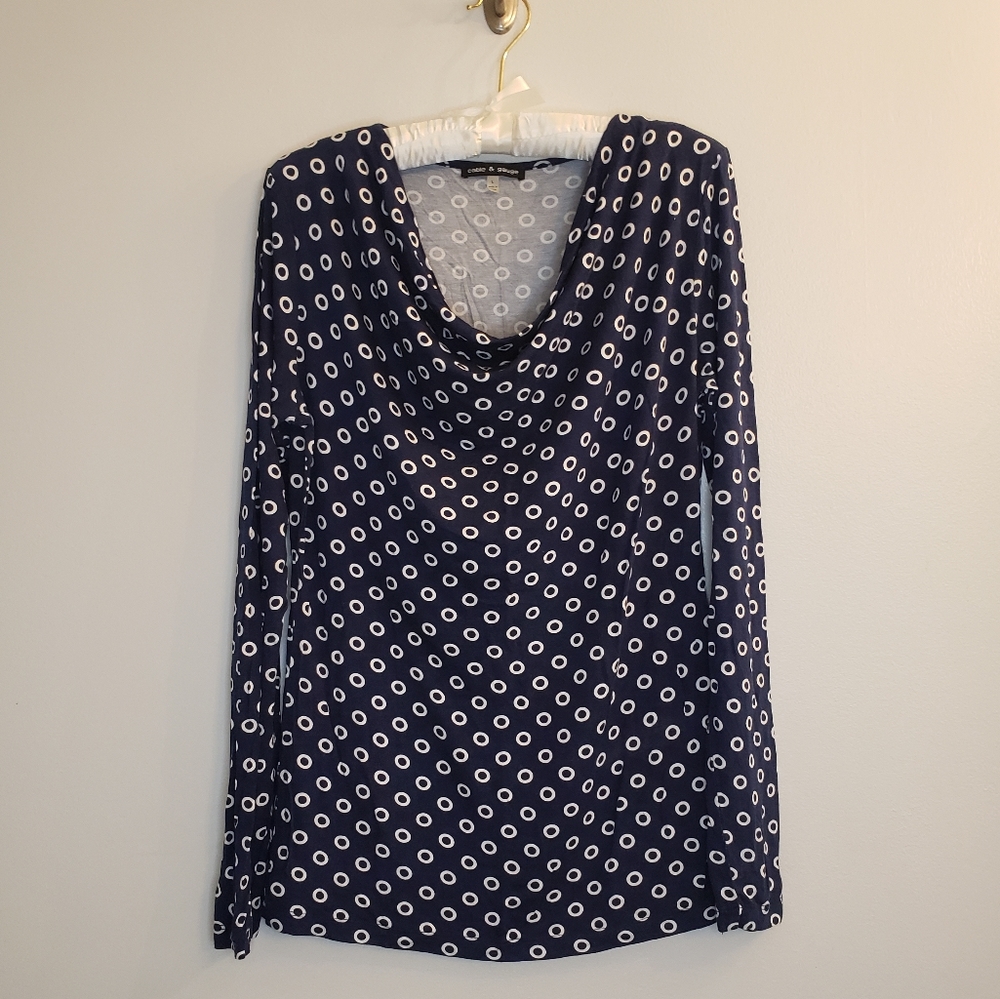 Cable & Gauge Long Sleeve Top, Draped Neckline, Navy & White, VGUC, Size L